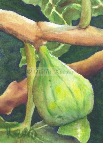 Fig on Branch, ACEO watercolor, 2.5"x3.5": SOLD