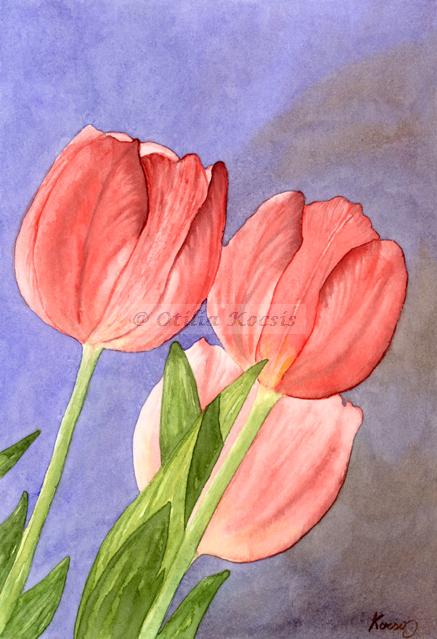 Red Tulips Trio, watercolor, 7"x10": SOLD