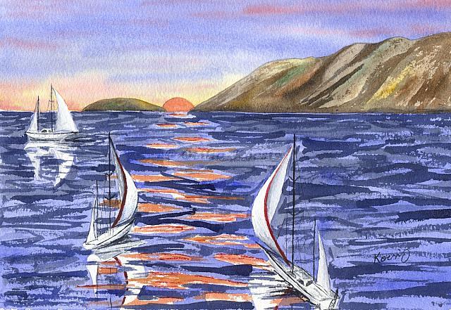 Ionian Sea Sunset, watercolor, 10"x7": 75.00 US$