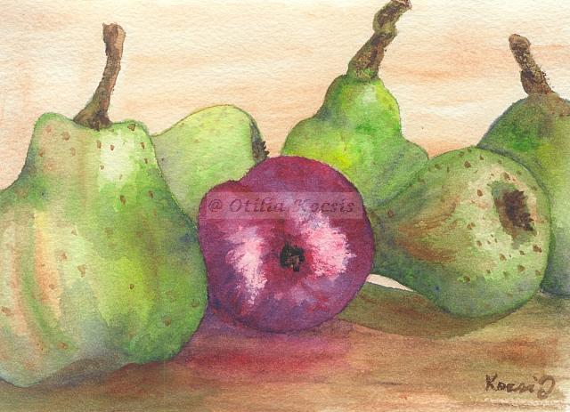 Pears and Satsuma Plum, watercolor, 7"x5": SOLD