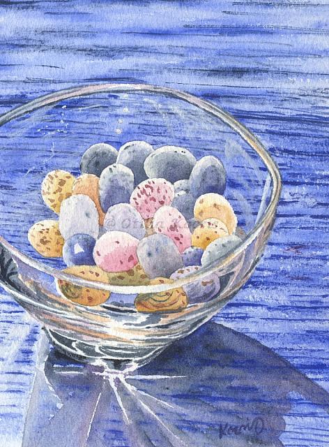 Chocolate eggs in a glass bowl - blue study, watercolor, 5"x7": 45.00 US$
