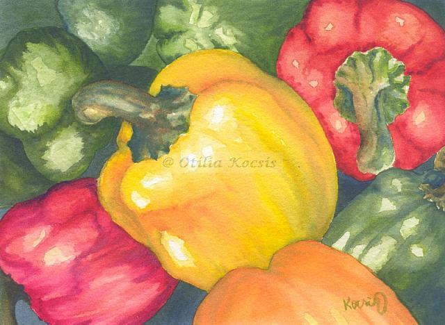 Colorful Peppers - 02, watercolor, 7"x5": 45.00 US$