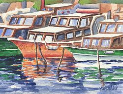 Bosphorus Boats, watercolor, 4"x6": NFS